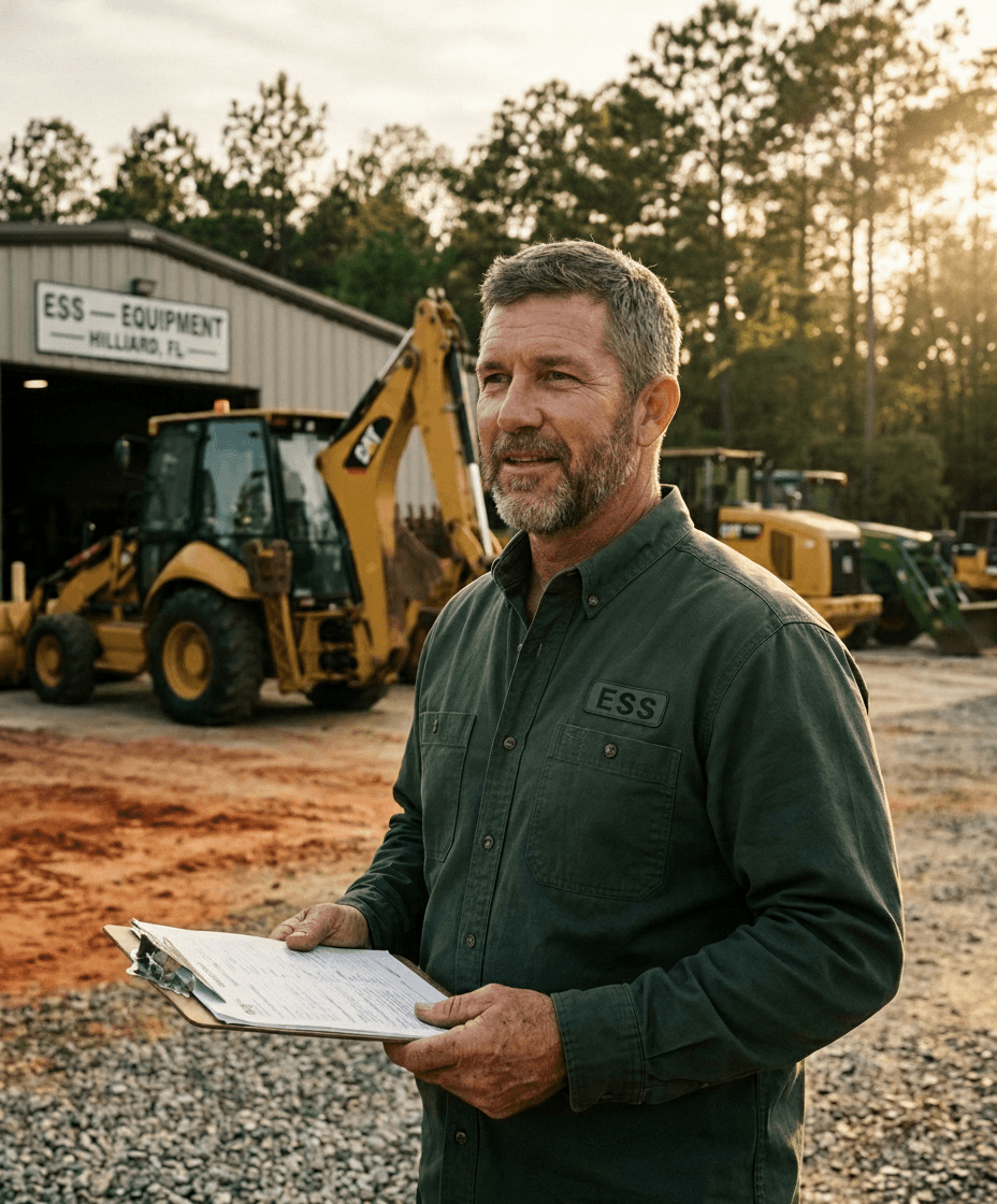 ESS GROUP LLC team at the Hilliard, Florida yard with an inspected backhoe behind them