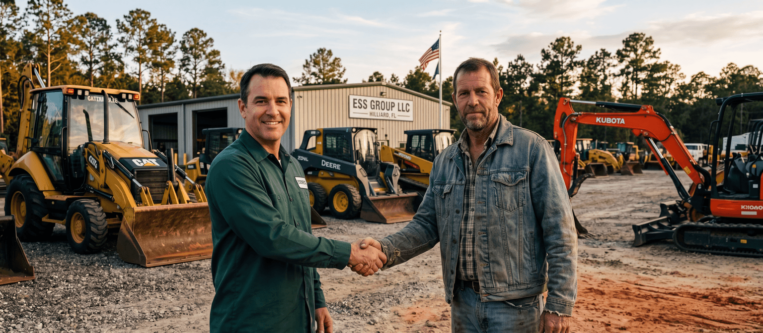 ESS GROUP LLC team and a buyer shaking hands in front of inspected iron at the Hilliard, Florida yard