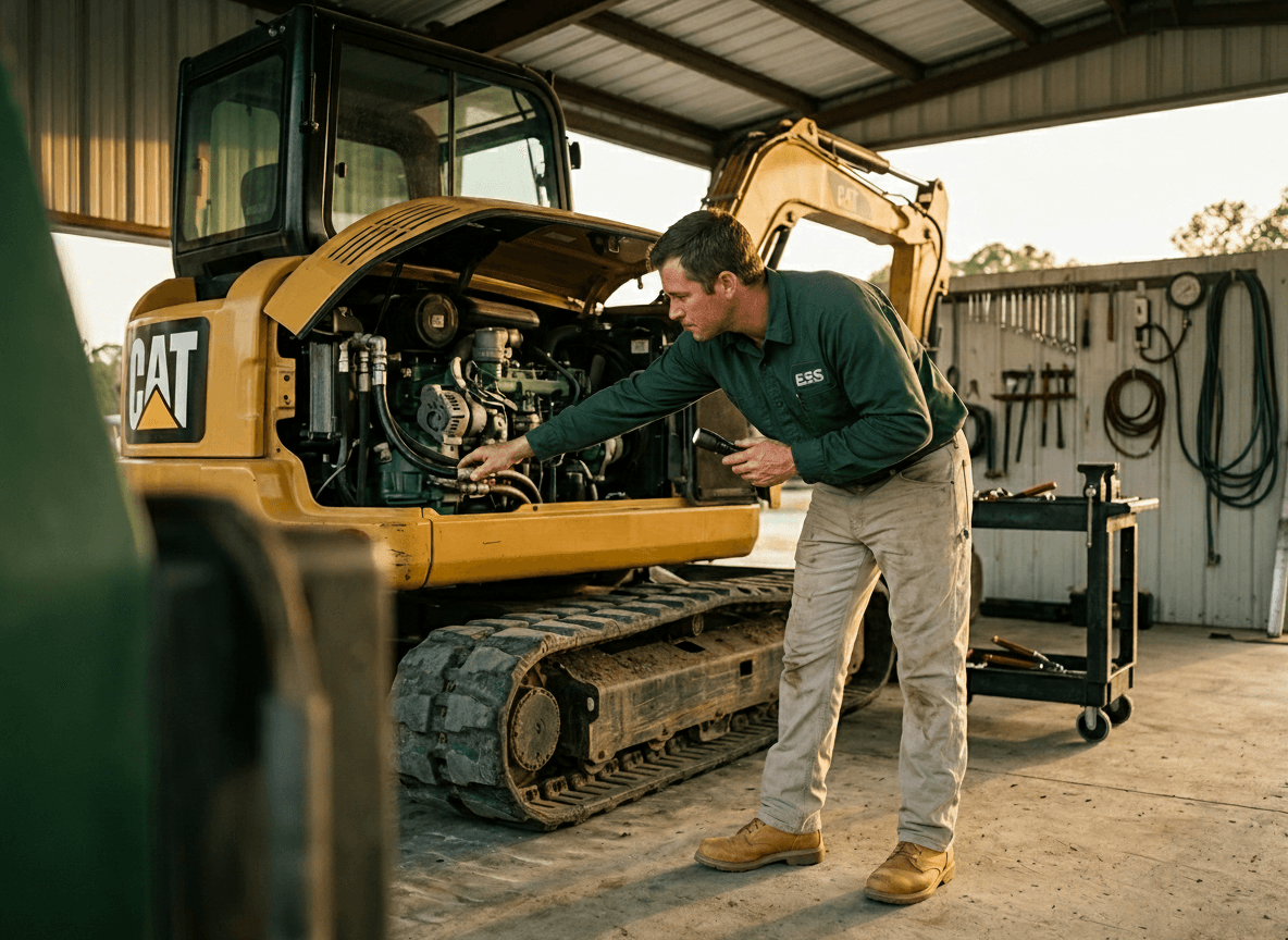 ESS mechanic running a hands-on inspection on a used excavator at the Hilliard yard