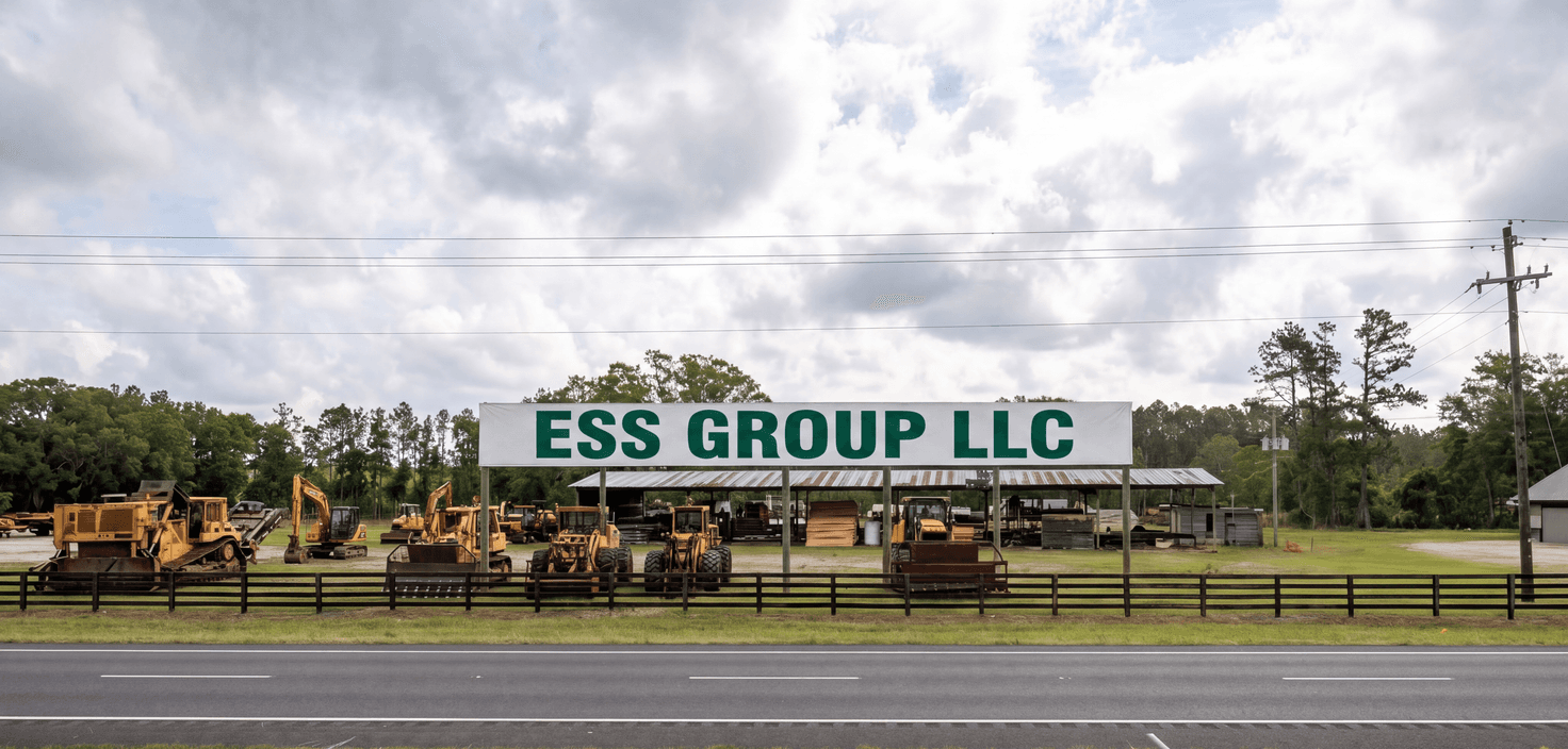Wide aerial view of the ESS GROUP LLC yard in Hilliard, Florida — rows of inspected backhoes, excavators, and skid steers
