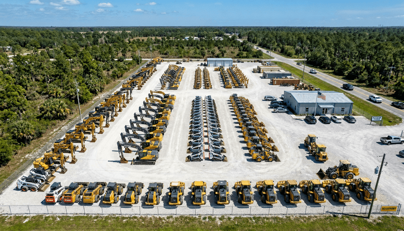 Equipment yard with machines staged in rows on crushed limestone under Florida sun