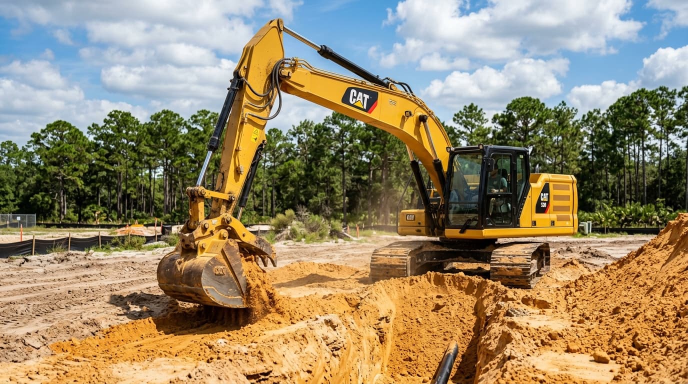 Mid-size excavator trenching in sandy Florida soil with the boom extended