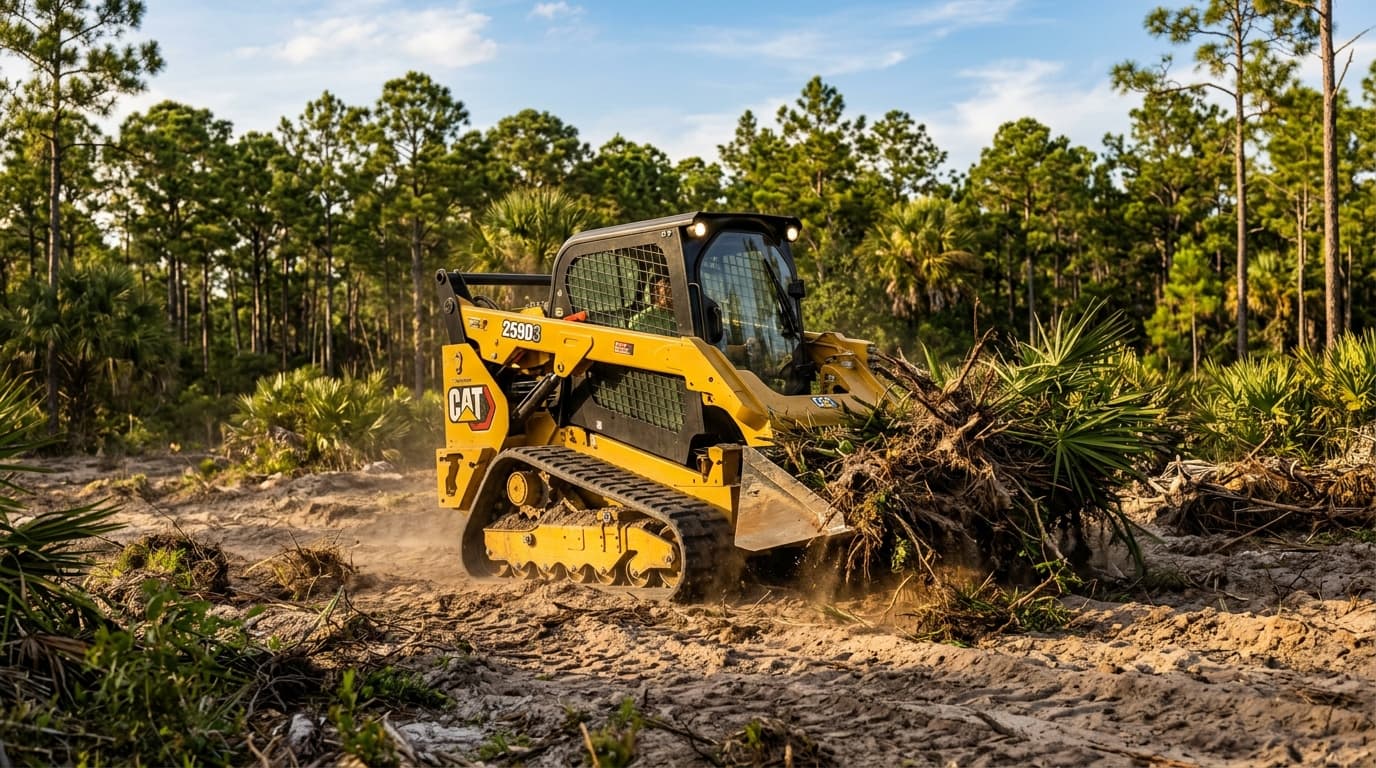 Yellow compact track loader pushing dirt on a job site with trees in the background