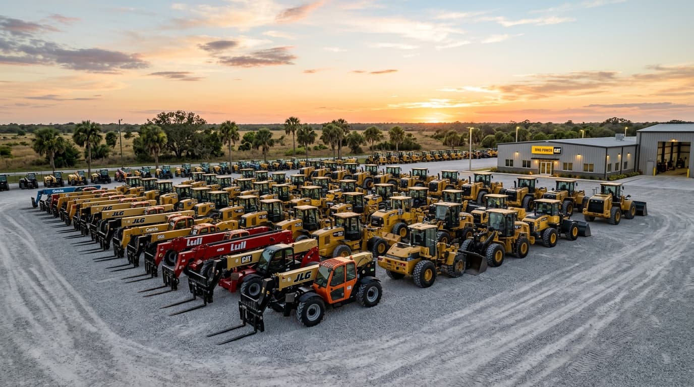 Equipment yard at dusk showing multiple telehandlers and loaders staged for delivery