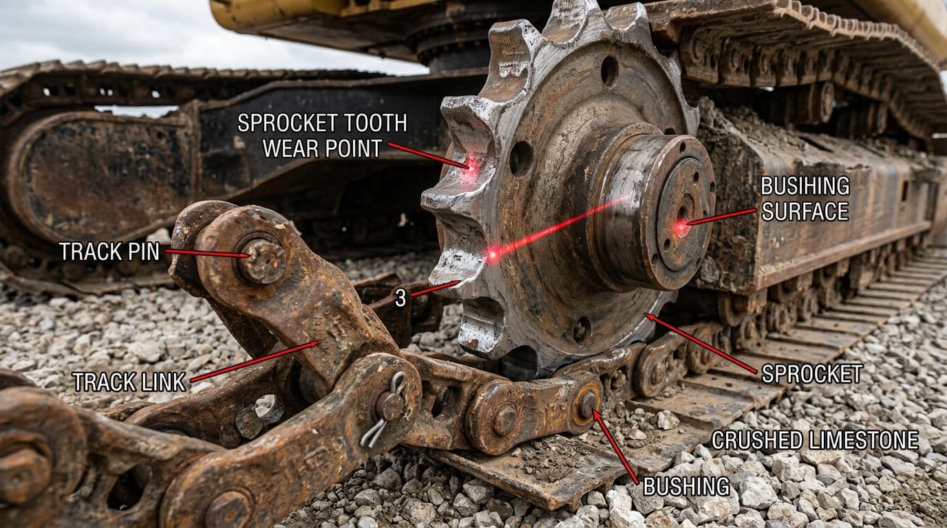 Close-up of excavator track links and sprocket showing wear patterns