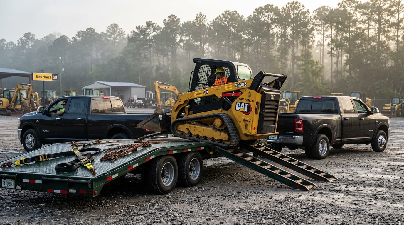 Heavy equipment being loaded onto a lowboy trailer at a dealer yard with a forklift assisting