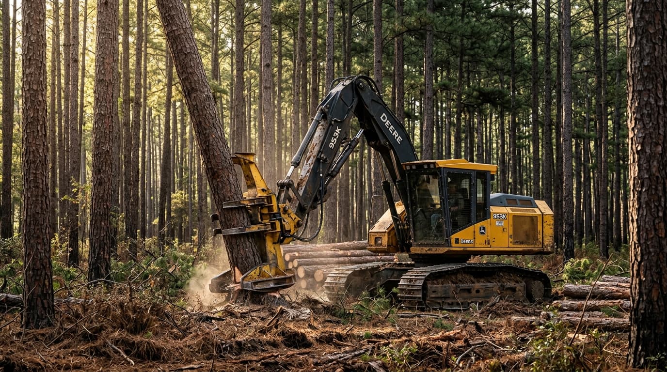 Logging operation in a pine forest with a feller buncher working among tall timber
