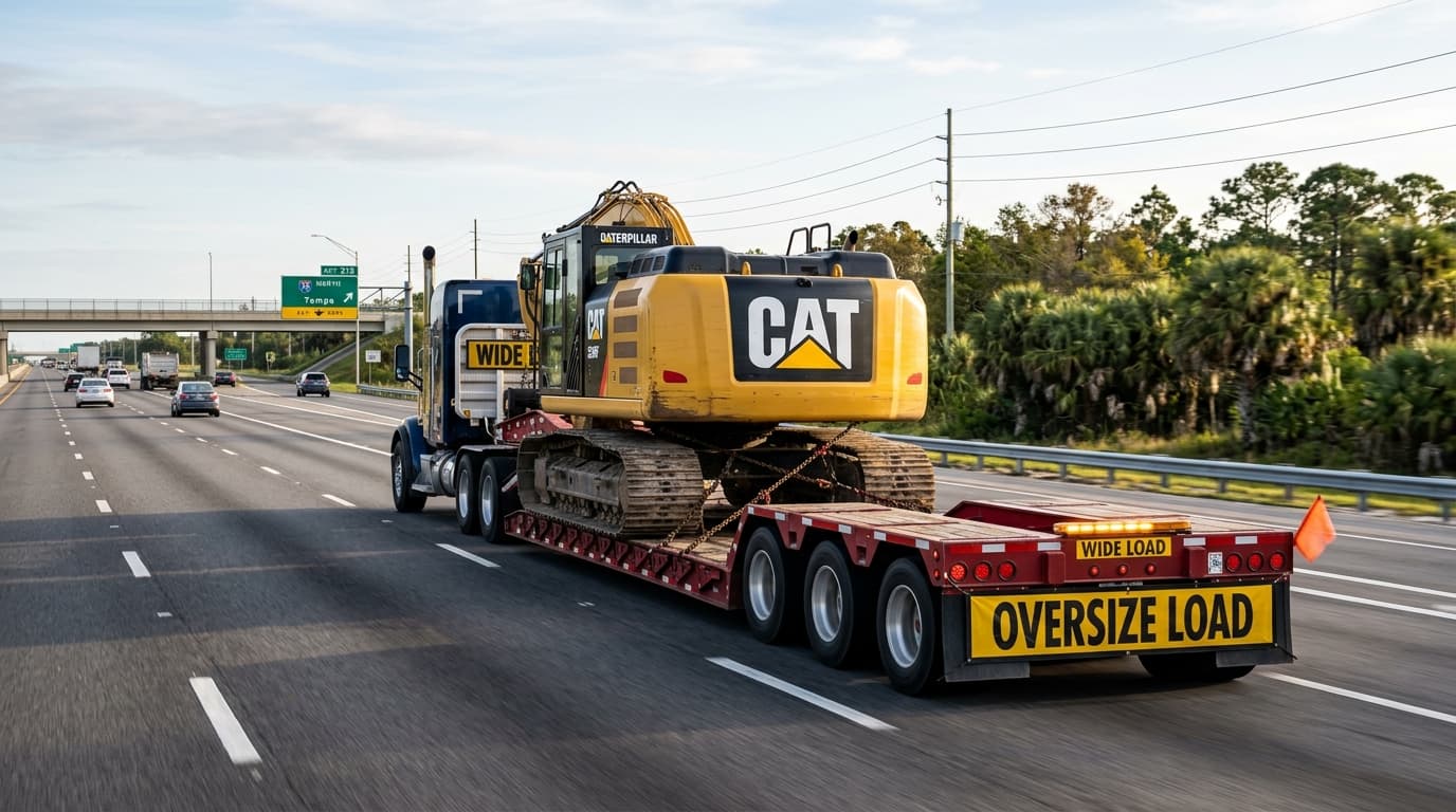 Flatbed trailer loaded with heavy equipment driving on an interstate highway through flat Florida landscape
