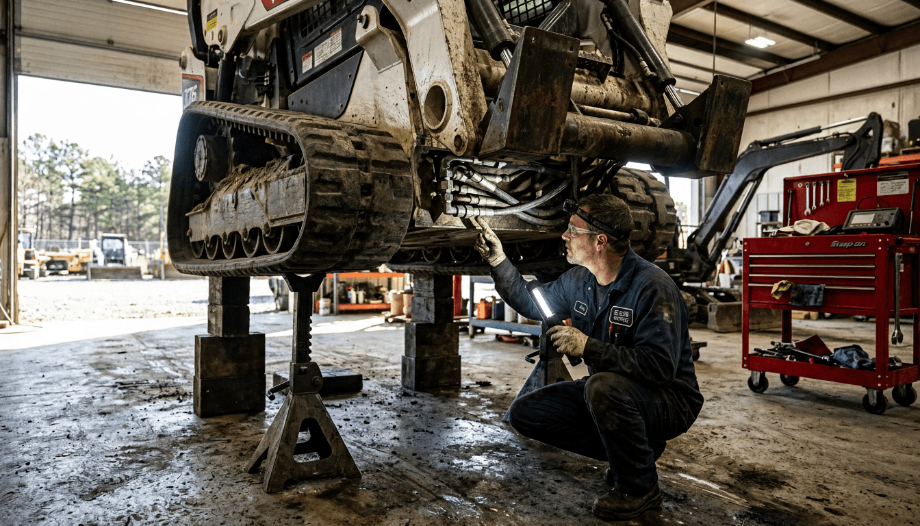 Mechanic inspecting hydraulic lines underneath a compact track loader raised on blocks