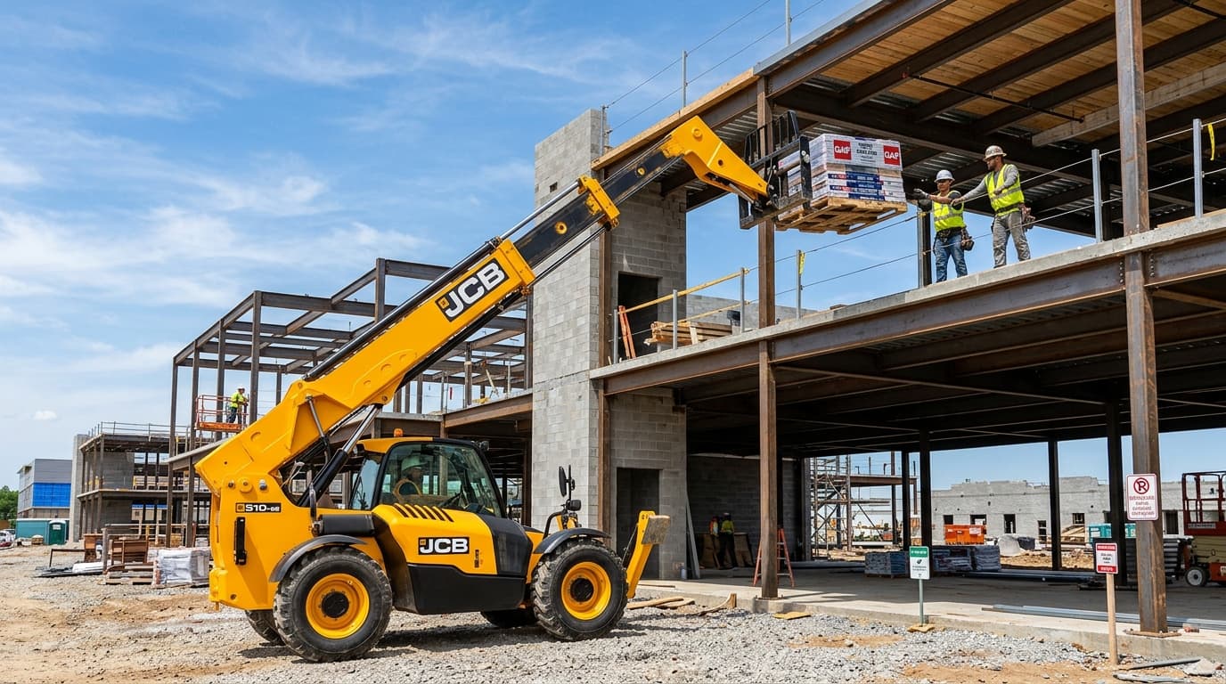 Telehandler lifting materials on construction site