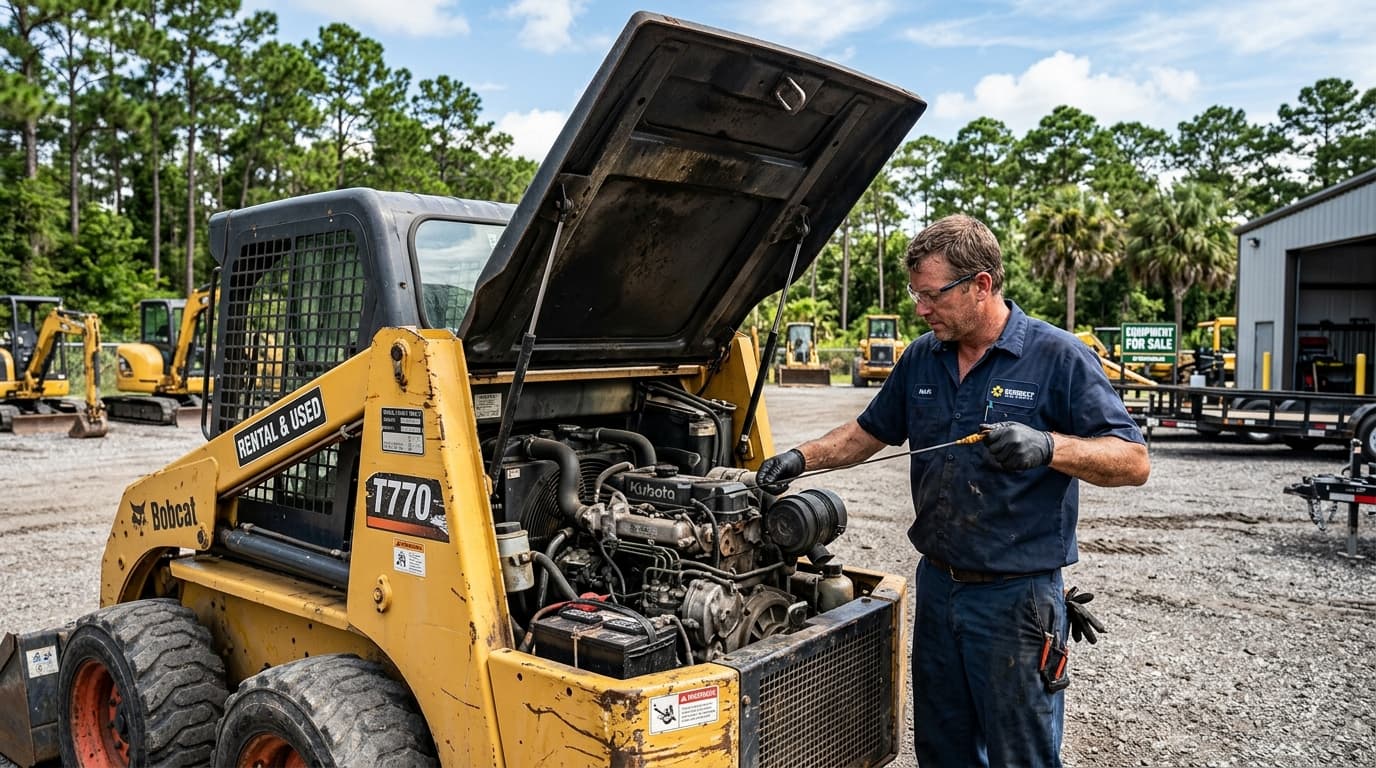 The 45-minute used skid steer walk-around: what to pull, check, and listen for