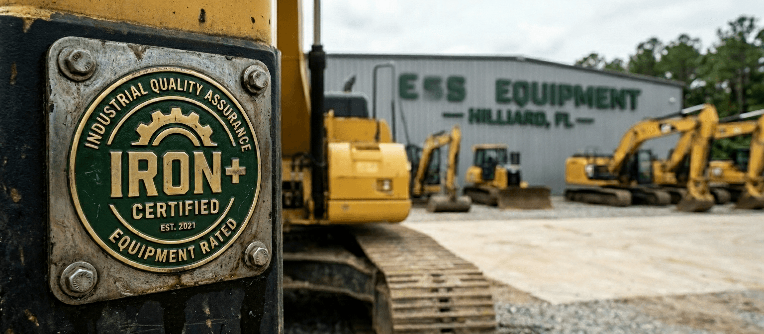 IRON+ certification badge on a yellow CAT excavator at the Hilliard yard