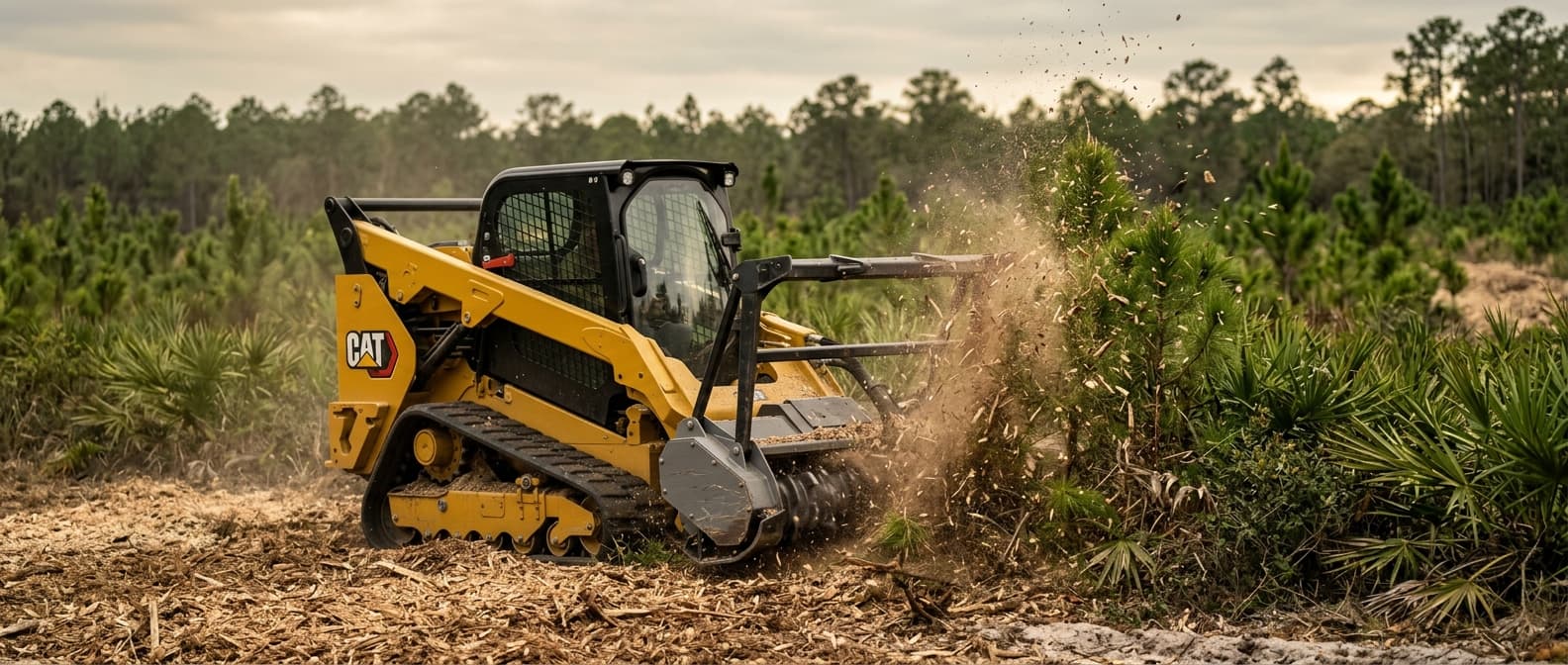 Compact track loader with forestry mulcher attachment at work — your first machine defines your first year