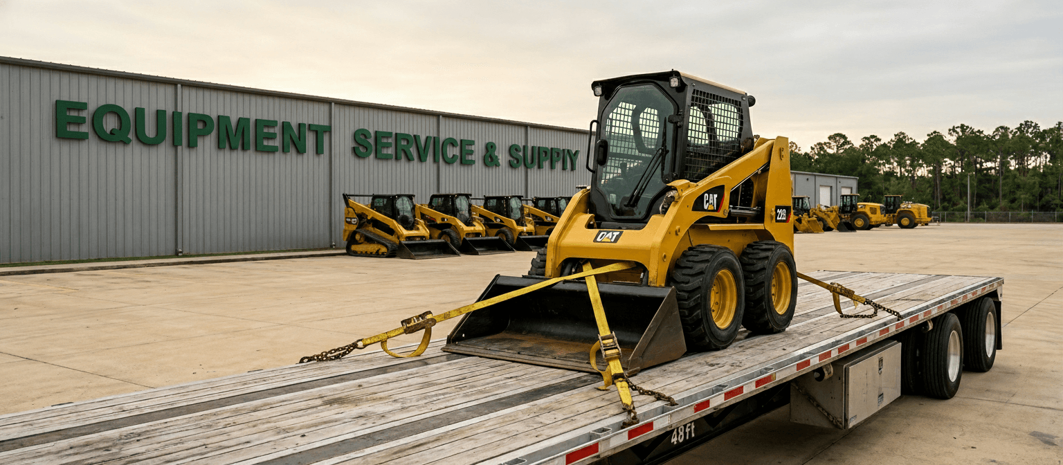 Heavy equipment on a flatbed trailer on highway