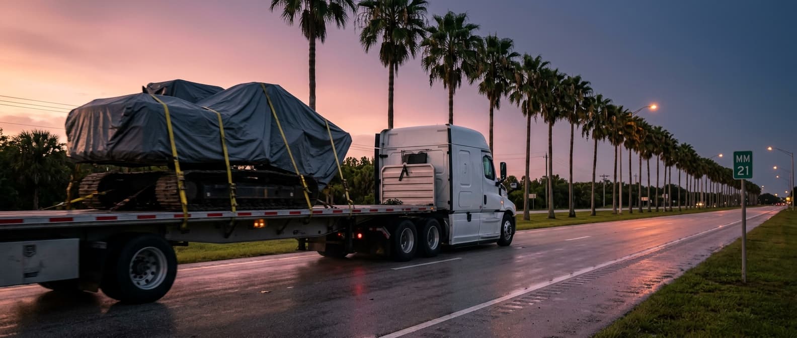 Semi truck on Florida highway at dusk