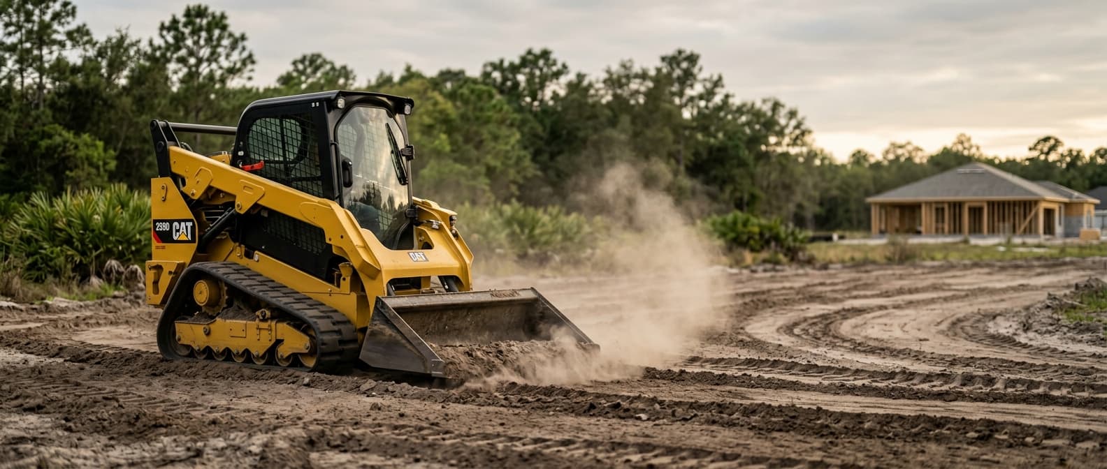 Compact track loader at work on a Florida residential lot, kicking up dust as it grades