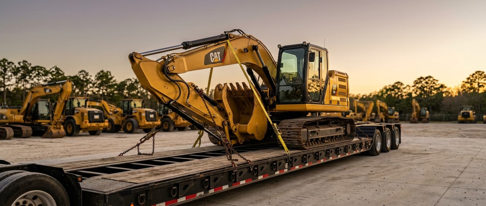 CAT excavator strapped to a lowboy trailer with chains and ratchet straps visible at the ESS yard