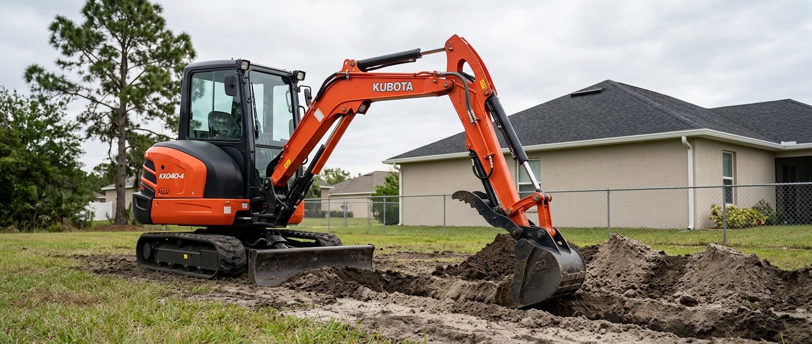 Mini excavator on a residential construction site