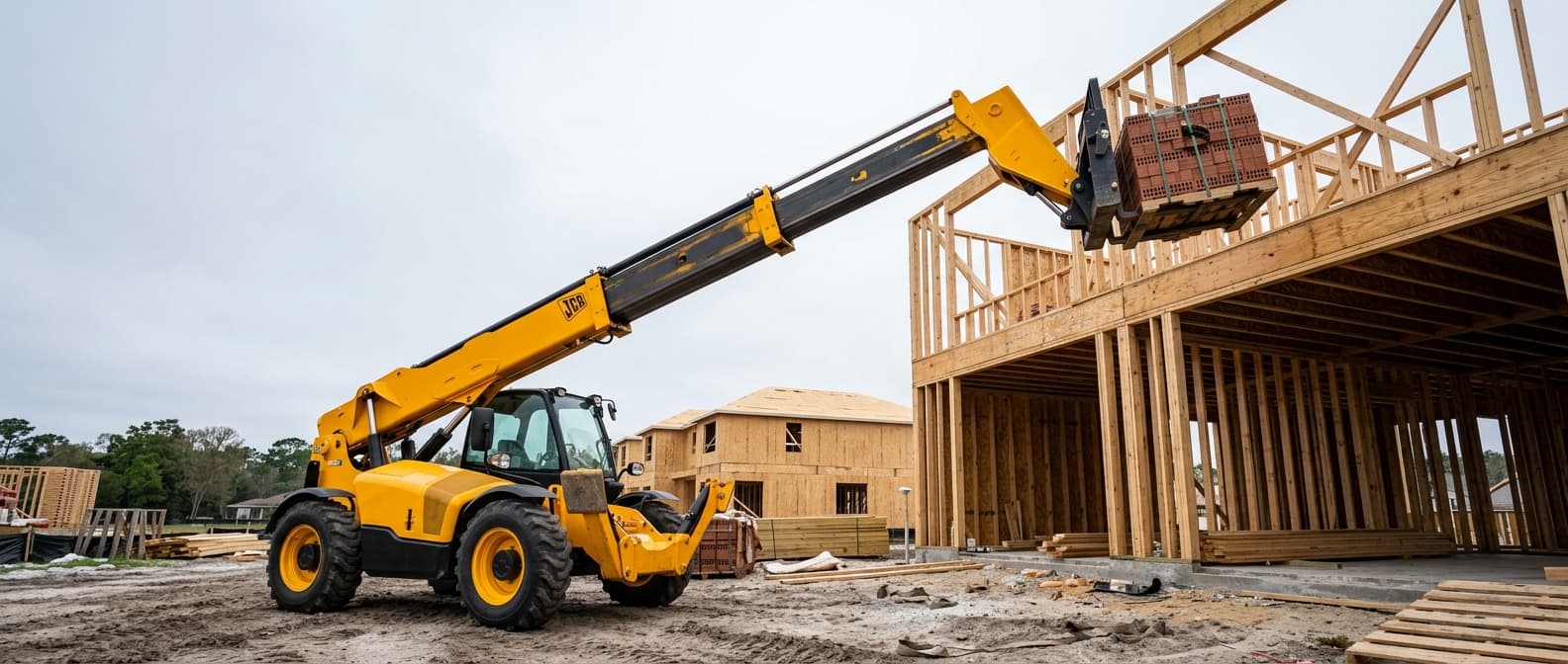 Construction site with material handling equipment